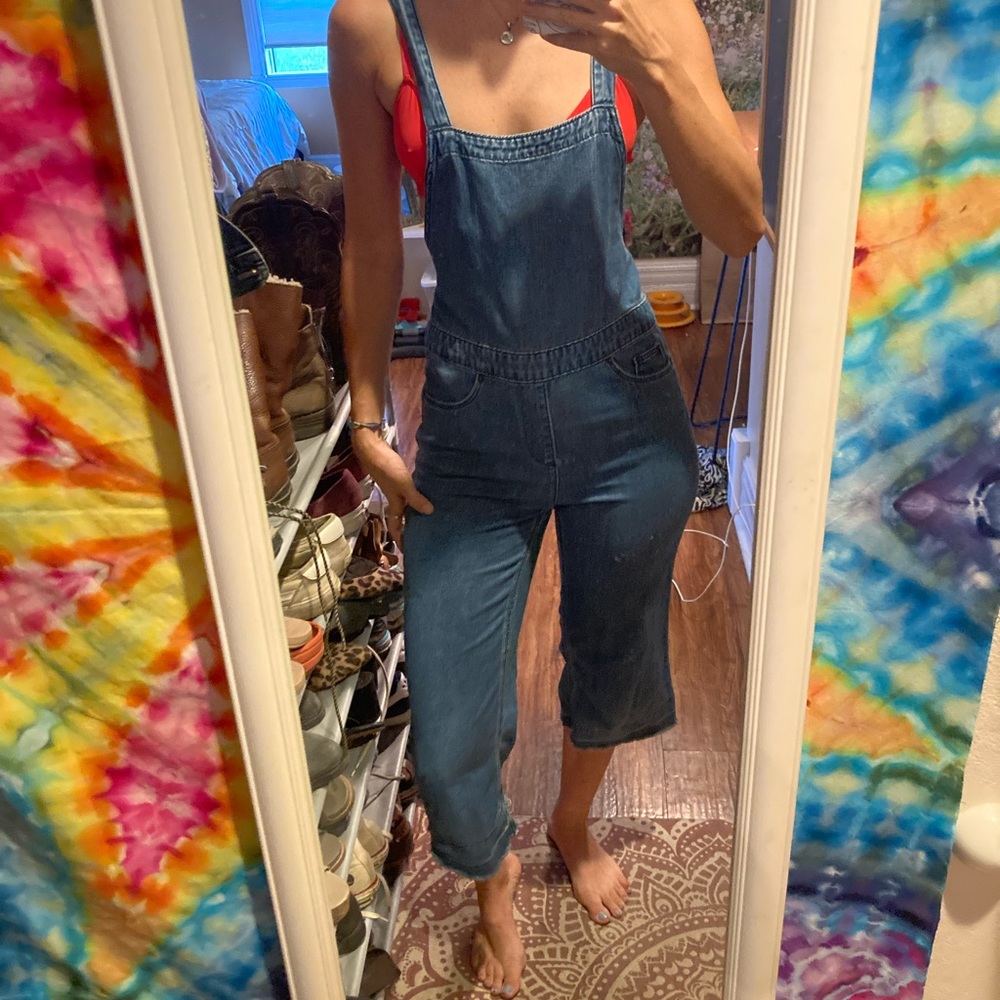 Open Back Cropped Denim Overalls